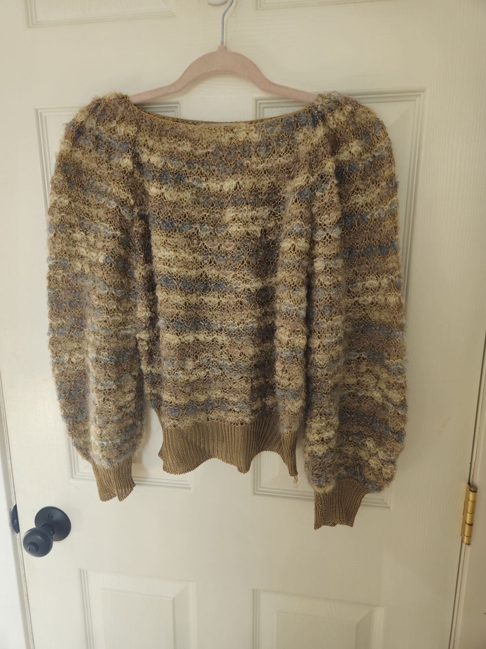Vintage Striped Open-Knit Crewneck Sweater in Beige and Light Blue